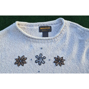 Vintage Woolrich Womens Natural Knit Sweater Cotton Blend Size XL Flower Accents